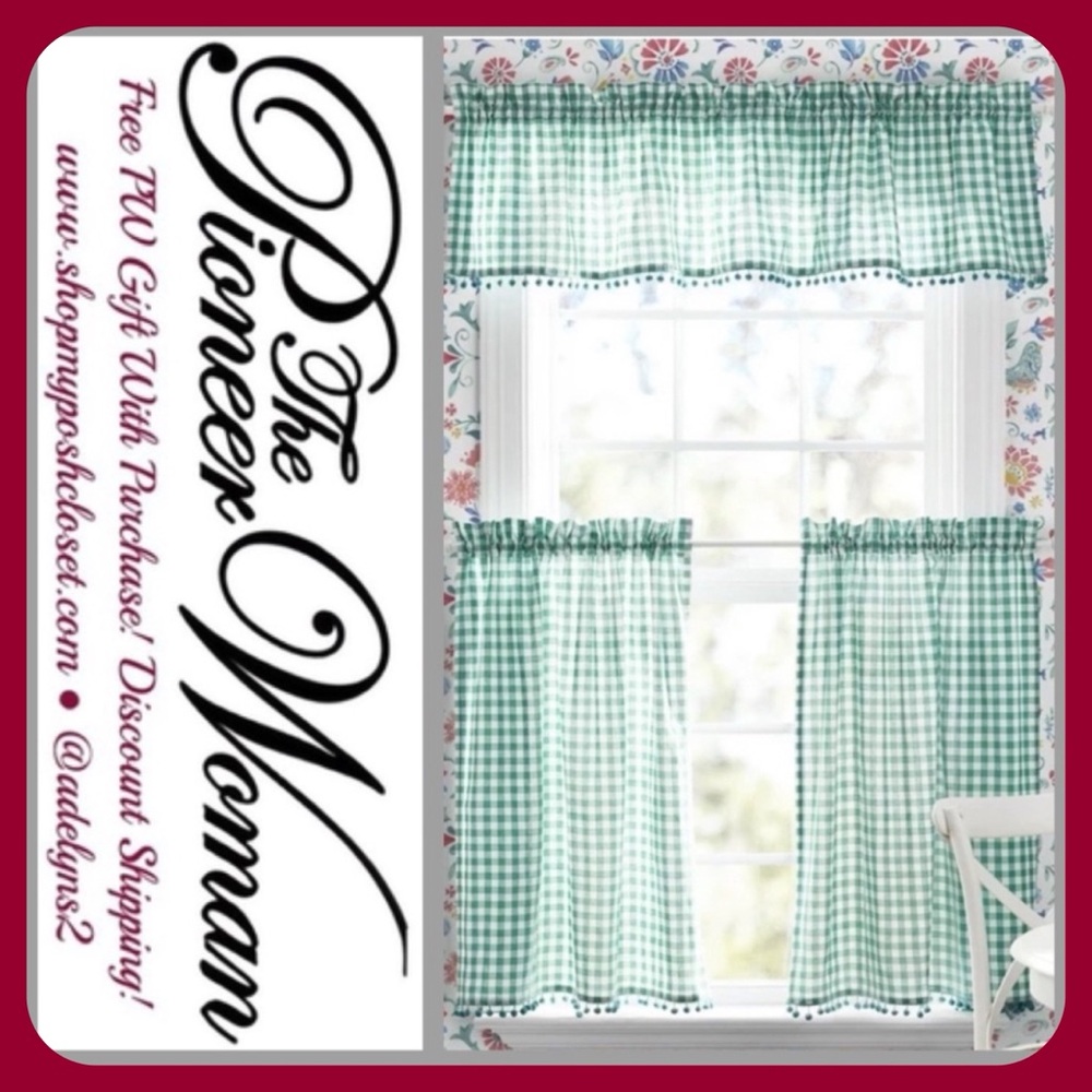 🌺 New Pioneer Woman Teal Blue Gingham 3 pc Kitchen Curtains And Valance Set - Picture 3 of 10